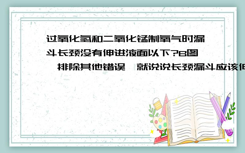 过氧化氢和二氧化锰制氧气时漏斗长颈没有伸进液面以下?B图,排除其他错误,就说说长颈漏斗应该伸进液面吗?