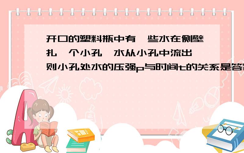 开口的塑料瓶中有一些水在侧壁扎一个小孔,水从小孔中流出,则小孔处水的压强p与时间t的关系是答案B