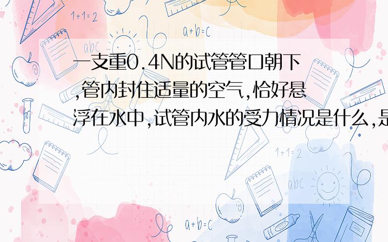 一支重0.4N的试管管口朝下,管内封住适量的空气,恰好悬浮在水中,试管内水的受力情况是什么,是否受到试管上方空气得压强作用,整个试管受力分析时,试管内的气体给试管的力的作用是如何平