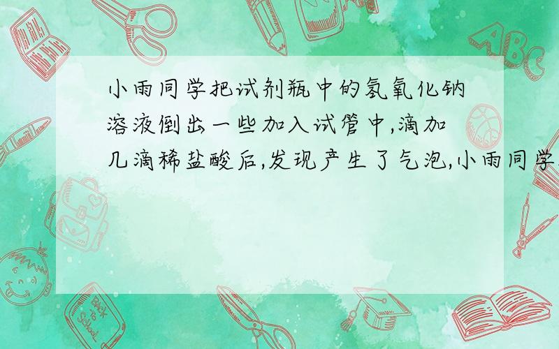 小雨同学把试剂瓶中的氢氧化钠溶液倒出一些加入试管中,滴加几滴稀盐酸后,发现产生了气泡,小雨同学把试剂瓶中的氢氧化钠溶液倒出一些加入试管中,滴加几滴稀盐酸后,发现产生了气泡你