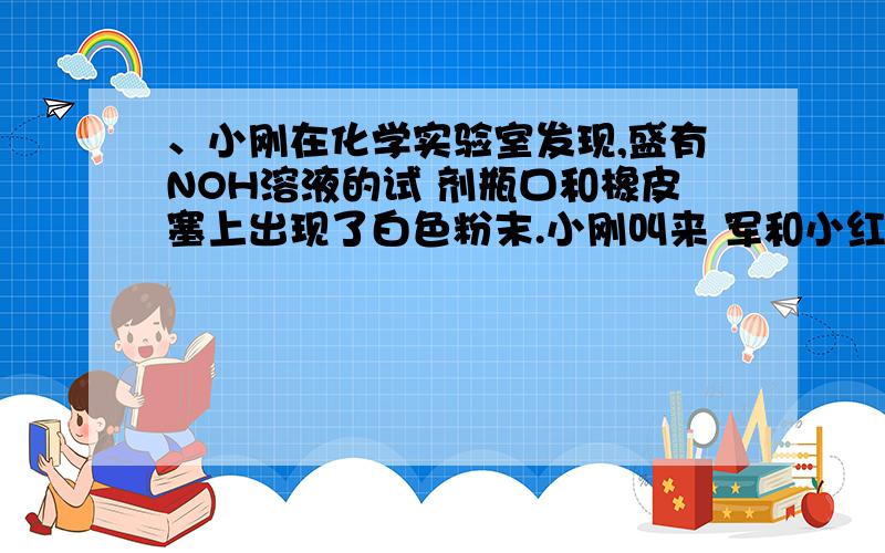 、小刚在化学实验室发现,盛有NOH溶液的试 剂瓶口和橡皮塞上出现了白色粉末.小刚叫来 军和小红,共同探究这种白色粉末的成分.他们依据所学的化学知识,对这种白色粉末的成分做了如下猜想