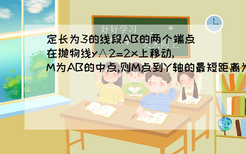 定长为3的线段AB的两个端点在抛物线y∧2=2x上移动,M为AB的中点,则M点到Y轴的最短距离为多少?