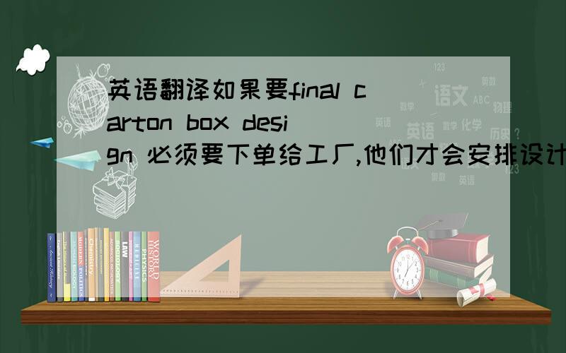 英语翻译如果要final carton box design 必须要下单给工厂,他们才会安排设计,这样需要大概2-3个星期的时间.我建议等你收到样机并确认之后,我们马上开始为你设计,另外,我之前好像没有确认腔体