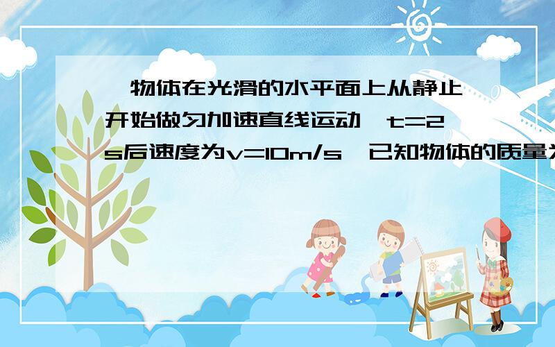 一物体在光滑的水平面上从静止开始做匀加速直线运动,t=2s后速度为v=10m/s,已知物体的质量为m=1kg,g=10m/s^2求(1) 物体运动的加速度a的大小(2) 物体所受的合外力F的大小