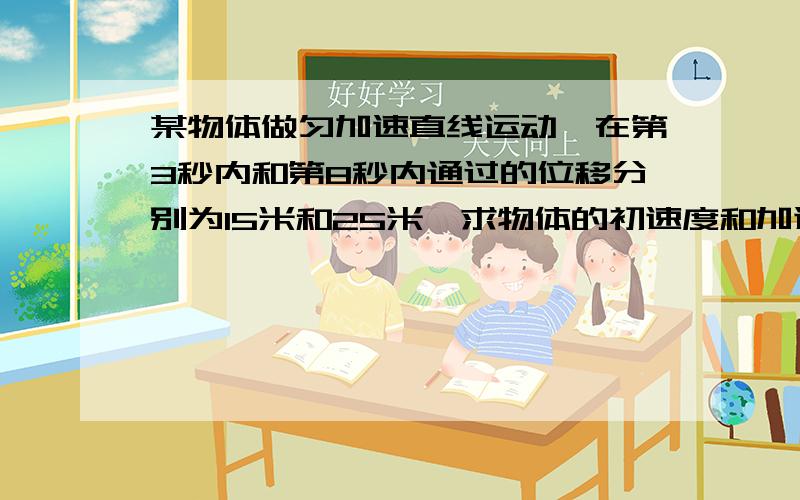 某物体做匀加速直线运动,在第3秒内和第8秒内通过的位移分别为15米和25米,求物体的初速度和加速度格是多大.