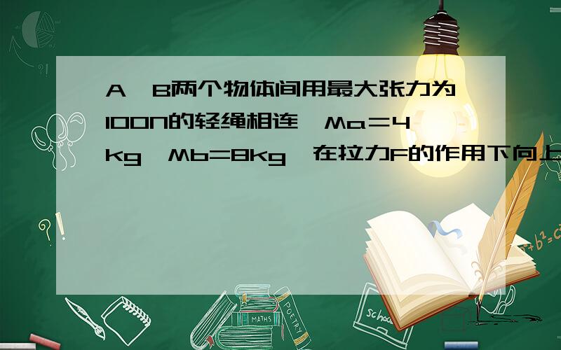 A,B两个物体间用最大张力为100N的轻绳相连,Ma＝4kg,Mb=8kg,在拉力F的作用下向上加速运动,为使轻绳不被拉断,F的最大值是多少?