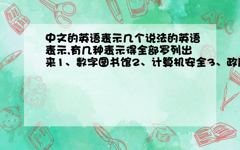 中文的英语表示几个说法的英语表示,有几种表示得全部罗列出来1、数字图书馆2、计算机安全3、政府信息公开