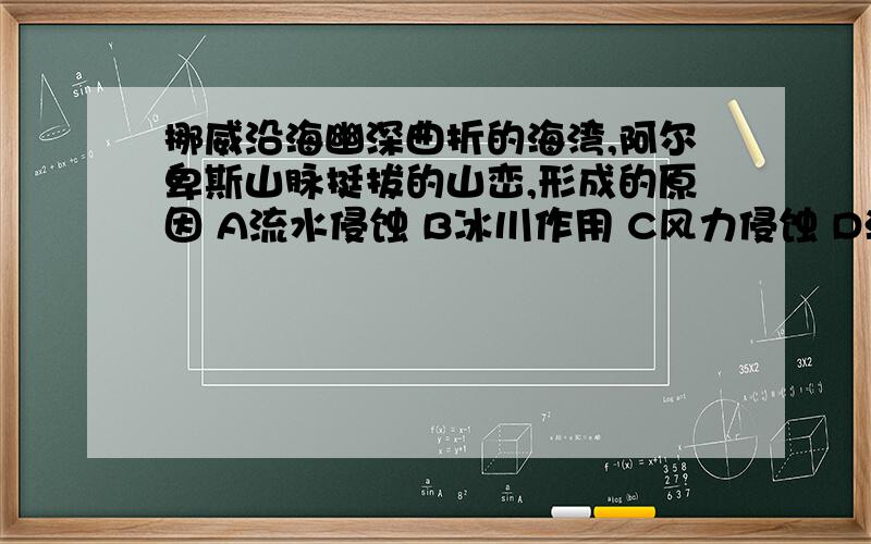 挪威沿海幽深曲折的海湾,阿尔卑斯山脉挺拔的山峦,形成的原因 A流水侵蚀 B冰川作用 C风力侵蚀 D海浪侵蚀