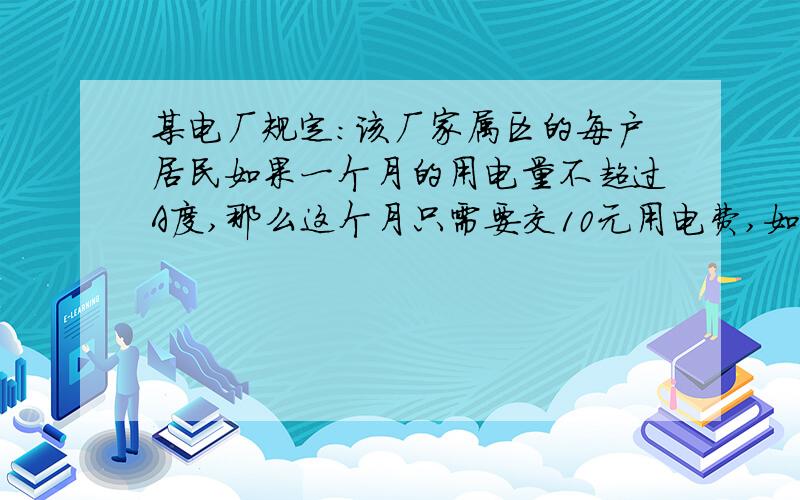 某电厂规定：该厂家属区的每户居民如果一个月的用电量不超过A度,那么这个月只需要交10元用电费,如果超过A度,则这个月除了要交10元的电费外,超过的部分还要按每度0.5元交费.（1）某居民2