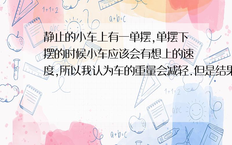 静止的小车上有一单摆,单摆下摆的时候小车应该会有想上的速度,所以我认为车的重量会减轻.但是结果相反,会加重,麻烦懂得哥哥姐姐们从受力和动量上为我解答一下,我没有财富,不能悬赏了