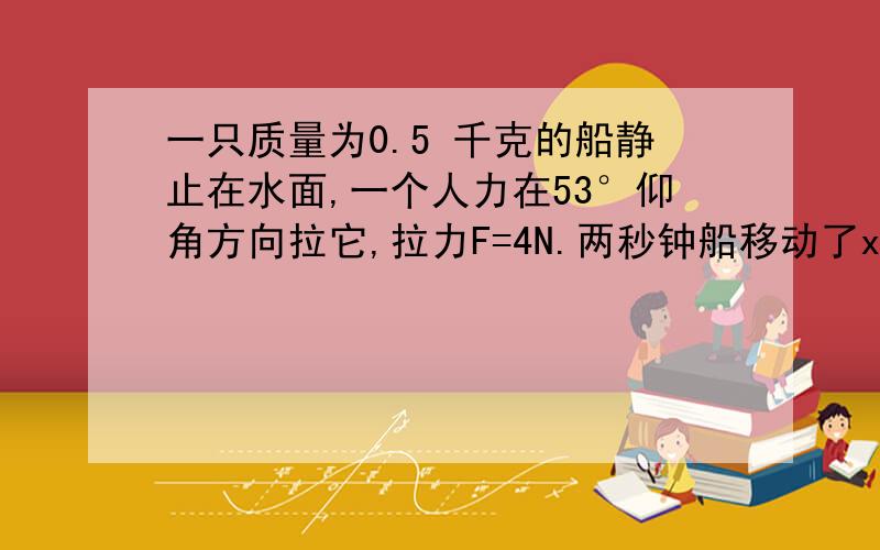 一只质量为0.5 千克的船静止在水面,一个人力在53°仰角方向拉它,拉力F=4N.两秒钟船移动了x=4.8m.这时拉力消失.船滑行一段才停下.（g=10 sin53=0.8 cos53=0.6）求船的最大速度和拉力消失后船滑行的