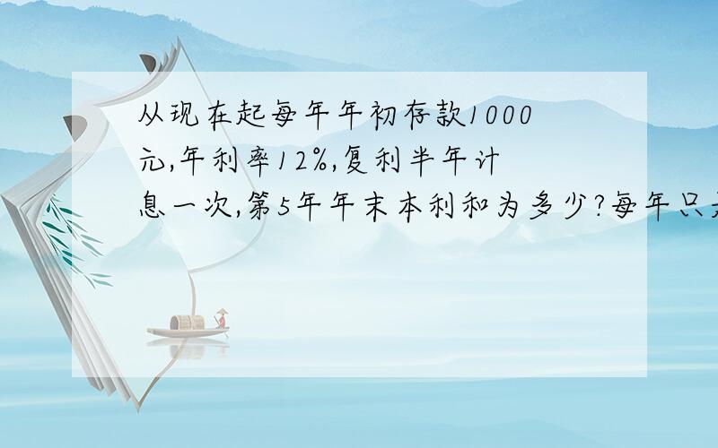 从现在起每年年初存款1000元,年利率12%,复利半年计息一次,第5年年末本利和为多少?每年只是年初存款1000原