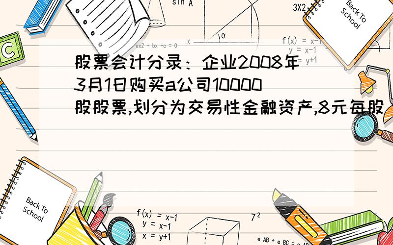 股票会计分录：企业2008年3月1日购买a公司10000股股票,划分为交易性金融资产,8元每股（其中包含已宣告但尚未发放的股利1元每股）支付手续费4000元,相关款项用银行存款支付.3月8日收到上述