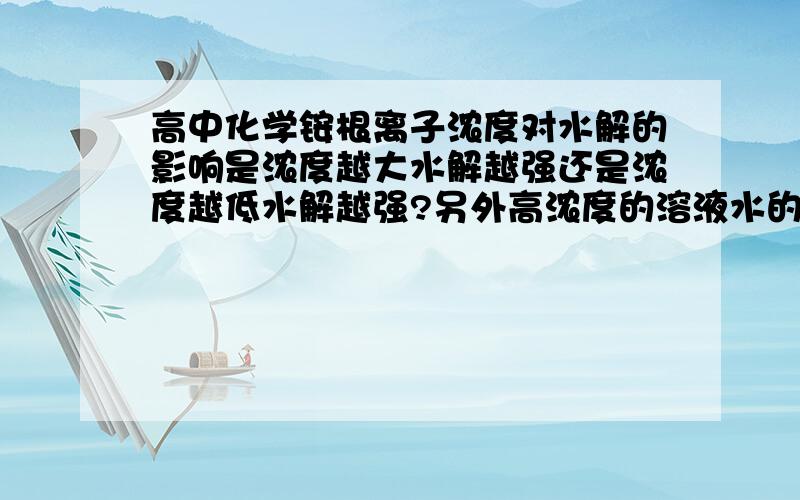 高中化学铵根离子浓度对水解的影响是浓度越大水解越强还是浓度越低水解越强?另外高浓度的溶液水的电离程度是越强吗?