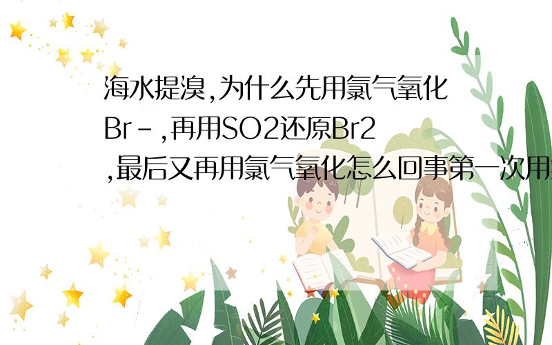 海水提溴,为什么先用氯气氧化Br-,再用SO2还原Br2,最后又再用氯气氧化怎么回事第一次用氯气氧化不就行了吗,书上这么说的啊 使溴蒸气和吸收剂SO2发生作用转化成氢溴酸以达到富集目的