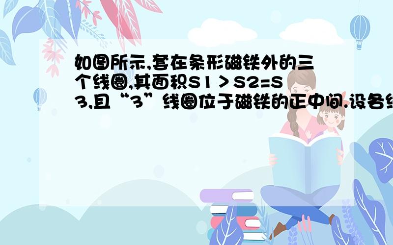 如图所示,套在条形磁铁外的三个线圈,其面积S1＞S2=S3,且“3”线圈位于磁铁的正中间.设各线圈中的磁通量依次为Φ1、Φ2、Φ3,则它们的大小关系是A.Φ1＞Φ2＞Φ3 B.Φ1＞Φ2=Φ3 C.Φ1＜Φ2＜Φ3 D.Φ1＜