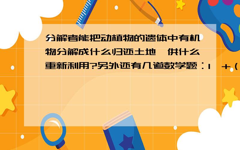 分解者能把动植物的遗体中有机物分解成什么归还土地,供什么重新利用?另外还有几道数学题：1、+（-62）=?2、水表止码0128代表什么?3、求-23、-22、-21……一直到1的绝对值的和