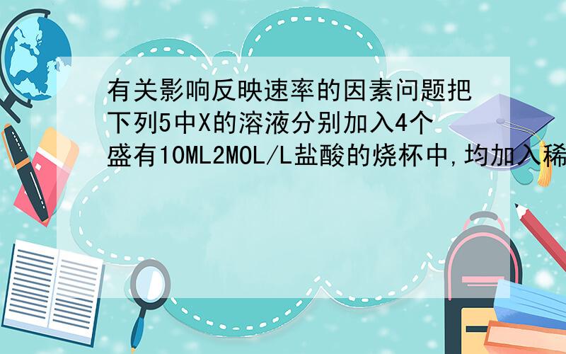 有关影响反映速率的因素问题把下列5中X的溶液分别加入4个盛有10ML2MOL/L盐酸的烧杯中,均加入稀释到50ML,此时X和盐酸缓和的进行反映.其中反映速率最大的是（）A20ml3mol/L的X溶液 B20ML2mol/L的X溶