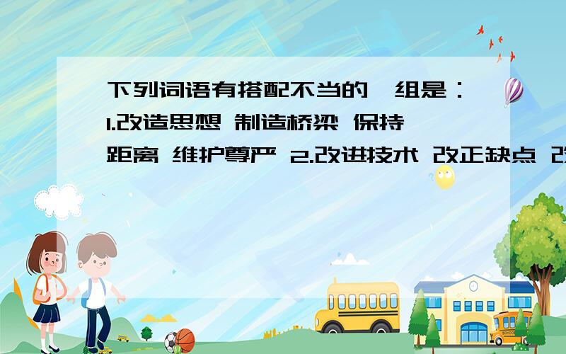 下列词语有搭配不当的一组是：1.改造思想 制造桥梁 保持距离 维护尊严 2.改进技术 改正缺点 改良品种 改变成绩