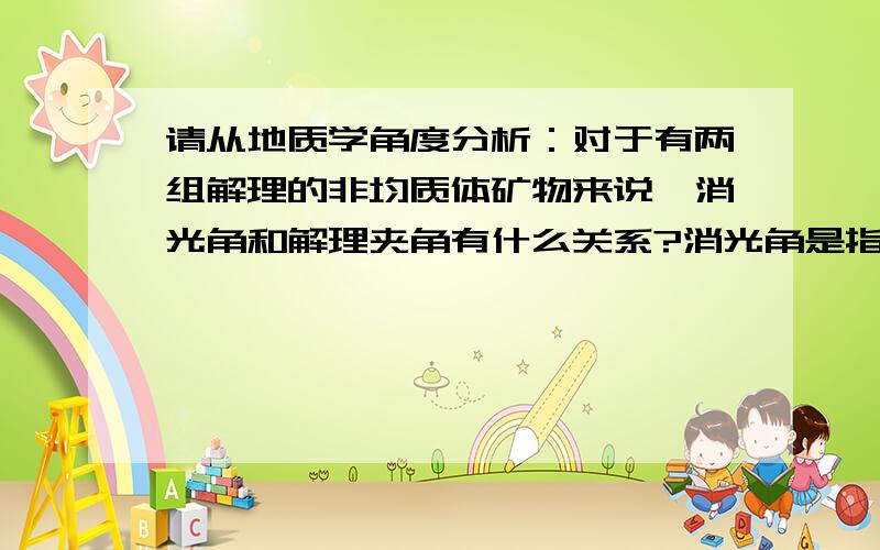 请从地质学角度分析：对于有两组解理的非均质体矿物来说,消光角和解理夹角有什么关系?消光角是指矿物切片处于消光位时解理缝、双晶缝或晶棱与十字丝的夹角…而消光位是指非均质体