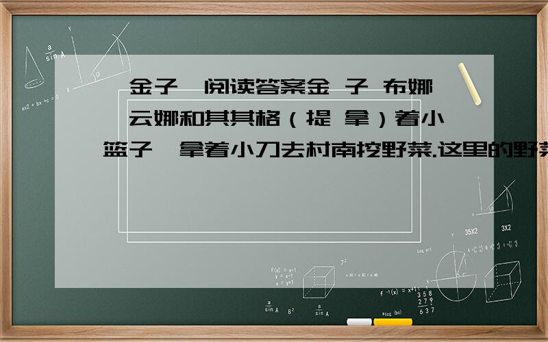 《金子》阅读答案金 子 布娜、云娜和其其格（提 拿）着小篮子,拿着小刀去村南挖野菜.这里的野菜又大又新鲜,大人们可爱吃了.‖ 好大的一片野菜.孩子们一会儿就挖了好多野菜.布娜挖着,