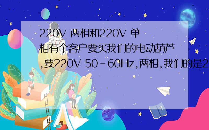 220V 两相和220V 单相有个客户要买我们的电动葫芦,要220V 50-60Hz,两相,我们的是200V 单相的,这样可以吗?