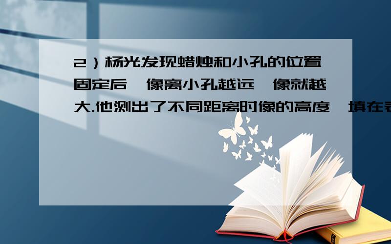 2）杨光发现蜡烛和小孔的位置固定后,像离小孔越远,像就越大.他测出了不同距离时像的高度,填在表格中：