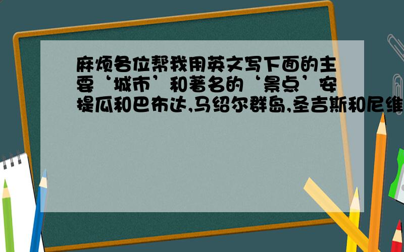 麻烦各位帮我用英文写下面的主要‘城市’和著名的‘景点’安提瓜和巴布达,马绍尔群岛,圣吉斯和尼维斯,列支敦士登,马利诺,帕劳,瑙鲁,图瓦卢,梵蒂冈还要带上中文翻译哦.麻烦各位了..：