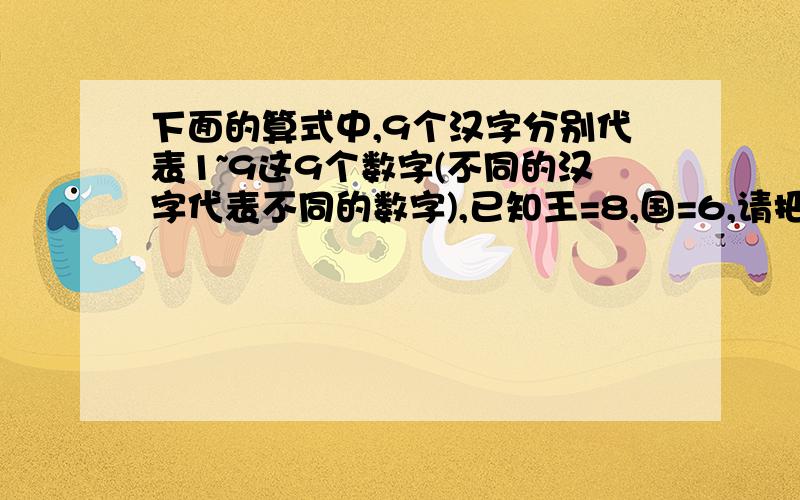 下面的算式中,9个汉字分别代表1~9这9个数字(不同的汉字代表不同的数字),已知王=8,国=6,请把这个等式恢复出来.请你来分之数学+游玩分之王国=7