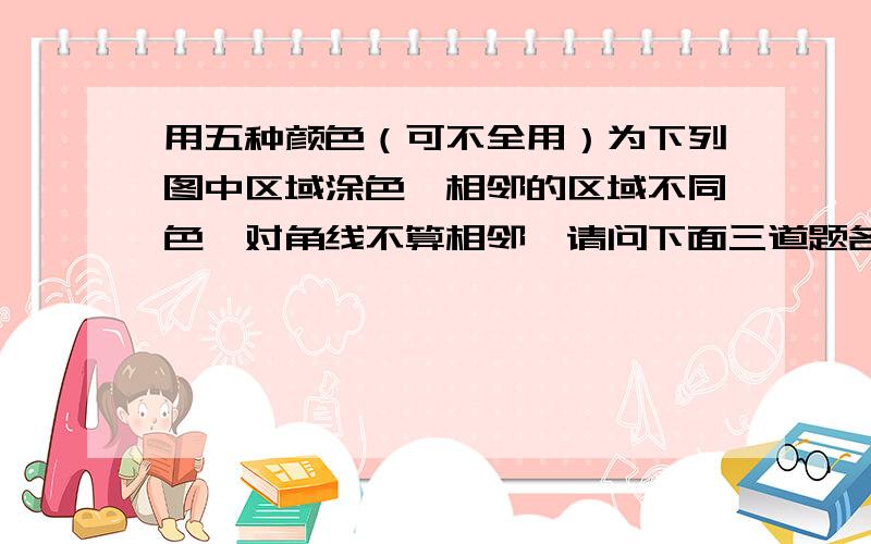 用五种颜色（可不全用）为下列图中区域涂色,相邻的区域不同色,对角线不算相邻,请问下面三道题各有多