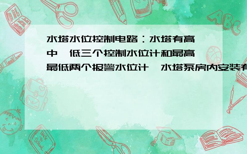 水塔水位控制电路：水塔有高、中、低三个控制水位计和最高、最低两个报警水位计,水塔泵房内安装有三台交