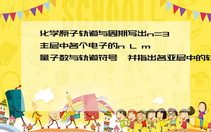 化学原子轨道与周期写出n=3主层中各个电子的n L m 量子数与轨道符号,并指出各亚层中的轨道数和最多能容纳的电子数、总的轨道数和电子数.n=?L=?m=?轨道符号?亚层中等价（简并）轨道数?每个