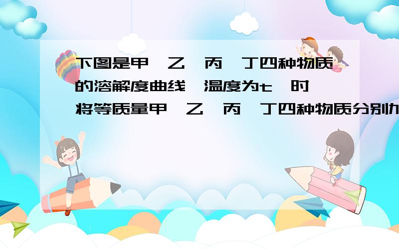 下图是甲、乙、丙、丁四种物质的溶解度曲线,温度为t℃时,将等质量甲、乙、丙、丁四种物质分别加到100g水中,充分搅拌后只得到一种饱和溶液,该饱和溶液中的溶质是（ ）A．甲 B．乙 C．丙