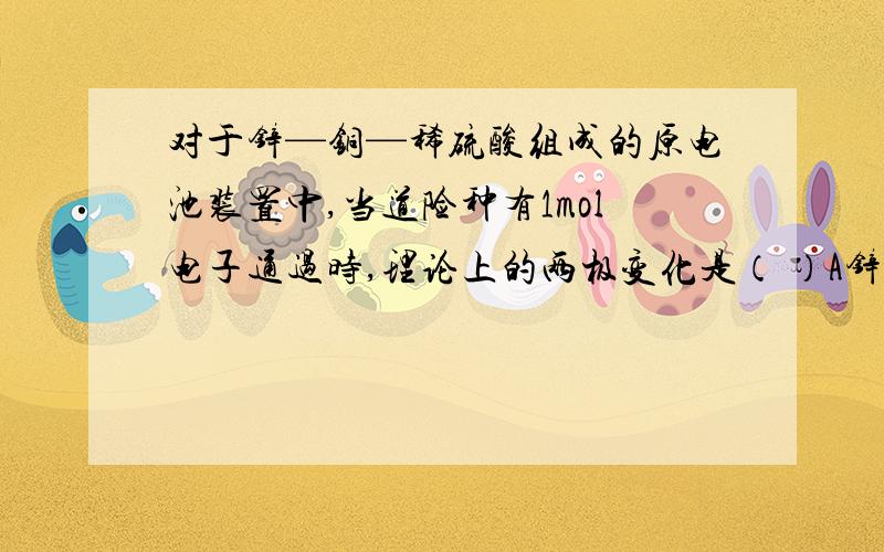 对于锌—铜—稀硫酸组成的原电池装置中,当道险种有1mol电子通过时,理论上的两极变化是（ ）A锌片溶解了32.5gB锌片增重了32.5gC铜片上析出了1gH2D铜片上析出了1molH2