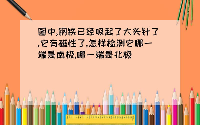 图中,钢铁已经吸起了大头针了.它有磁性了,怎样检测它哪一端是南极,哪一端是北极