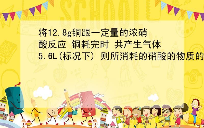 将12.8g铜跟一定量的浓硝酸反应 铜耗完时 共产生气体5.6L(标况下) 则所消耗的硝酸的物质的量是多少 所...将12.8g铜跟一定量的浓硝酸反应 铜耗完时 共产生气体5.6L(标况下) 则所消耗的硝酸的