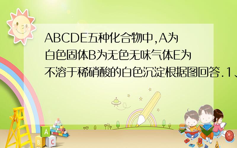 ABCDE五种化合物中,A为白色固体B为无色无味气体E为不溶于稀硝酸的白色沉淀根据图回答.1、若a为无明显变化则只含有三种元素的A的化学式可能为. ?2、若现象a为无色有刺激性气味的气体则A的