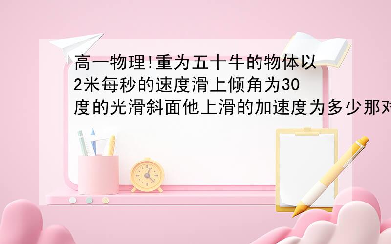 高一物理!重为五十牛的物体以2米每秒的速度滑上倾角为30度的光滑斜面他上滑的加速度为多少那对斜面的压力是多少？