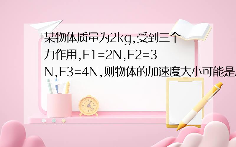 某物体质量为2kg,受到三个力作用,F1=2N,F2=3N,F3=4N,则物体的加速度大小可能是A,5m/s² B、3m/s² C、1m/s² D、 0