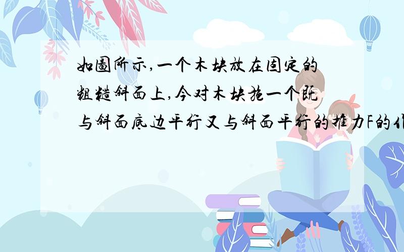 如图所示,一个木块放在固定的粗糙斜面上,今对木块施一个既与斜面底边平行又与斜面平行的推力F的作用,木块处于静止状态,如将力撤消,则木块：（ ）仍然保持静止最好帮我做个受力分析图