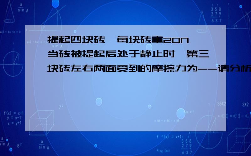 提起四块砖,每块砖重20N,当砖被提起后处于静止时,第三块砖左右两面受到的摩擦力为--请分析各砖所受力