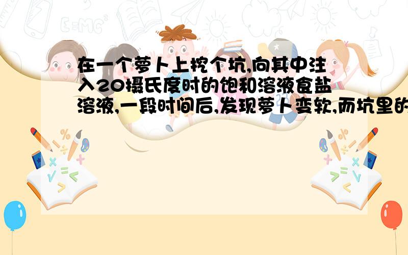 在一个萝卜上挖个坑,向其中注入20摄氏度时的饱和溶液食盐溶液,一段时间后,发现萝卜变软,而坑里的液体体积增加.下列有关这一变化的说法正确的是（d）.A.萝卜变软的原因是细胞吸水B.变化