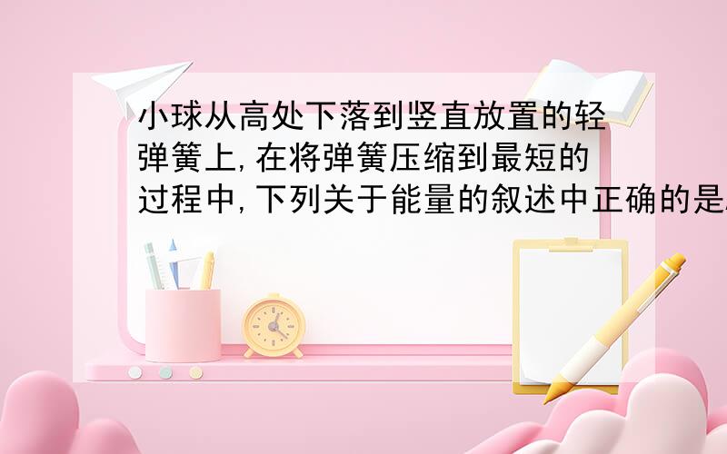 小球从高处下落到竖直放置的轻弹簧上,在将弹簧压缩到最短的过程中,下列关于能量的叙述中正确的是A重力势能和动能之和始终减小B重力势能和弹性势能之和先减小后增加C动能和弹性势能