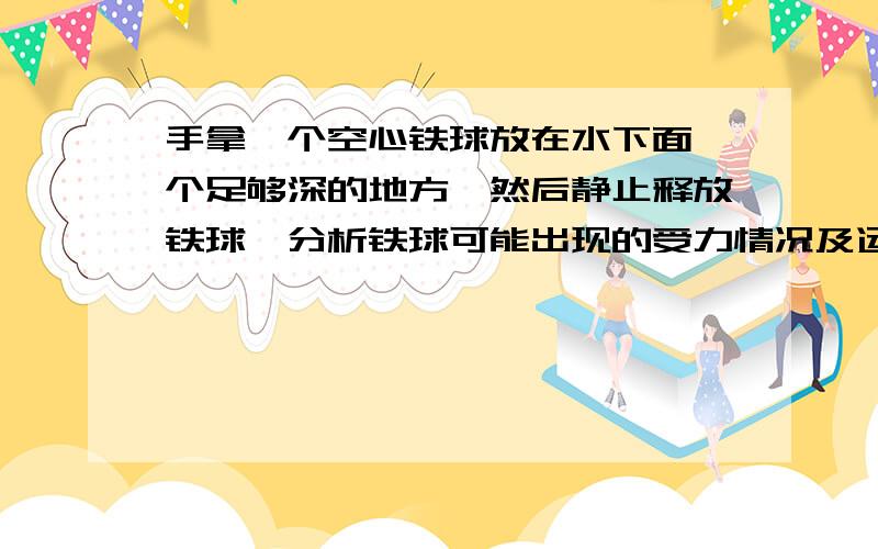 手拿一个空心铁球放在水下面一个足够深的地方,然后静止释放铁球,分析铁球可能出现的受力情况及运动状态并简要概述