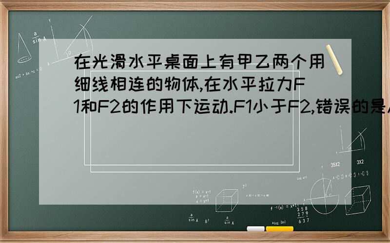 在光滑水平桌面上有甲乙两个用细线相连的物体,在水平拉力F1和F2的作用下运动.F1小于F2,错误的是A若撤去F1,则甲的加速度一定变大  B若撤去F1,则细线上的拉力一定变大  C若撤去F2,则甲的加速