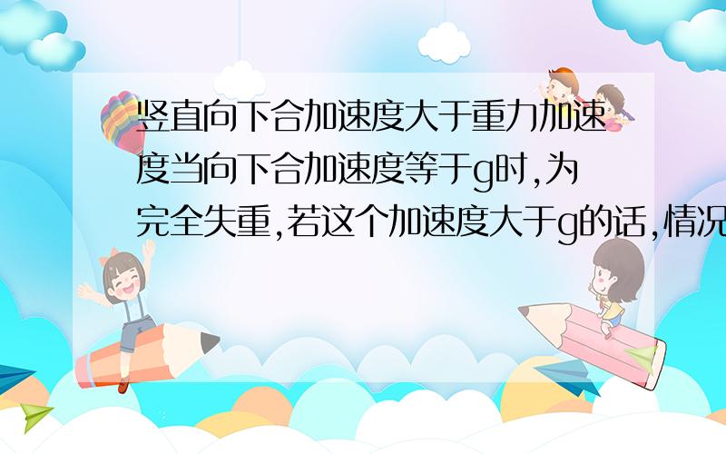 竖直向下合加速度大于重力加速度当向下合加速度等于g时,为完全失重,若这个加速度大于g的话,情况如何?