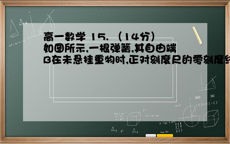 高一数学 15. （14分）如图所示,一根弹簧,其自由端B在未悬挂重物时,正对刻度尺的零刻度线,挂上100N重15. （14分）如图所示,一根弹簧,其自由端B在未悬挂重物时,正对刻度尺的零刻度线,挂上100N