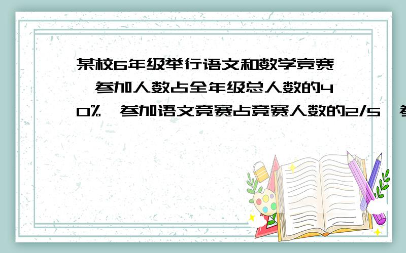 某校6年级举行语文和数学竞赛,参加人数占全年级总人数的40%,参加语文竞赛占竞赛人数的2/5,参加数学竞赛占竞赛人数的3/4,两项都参加有12人,全年级共有多少人?