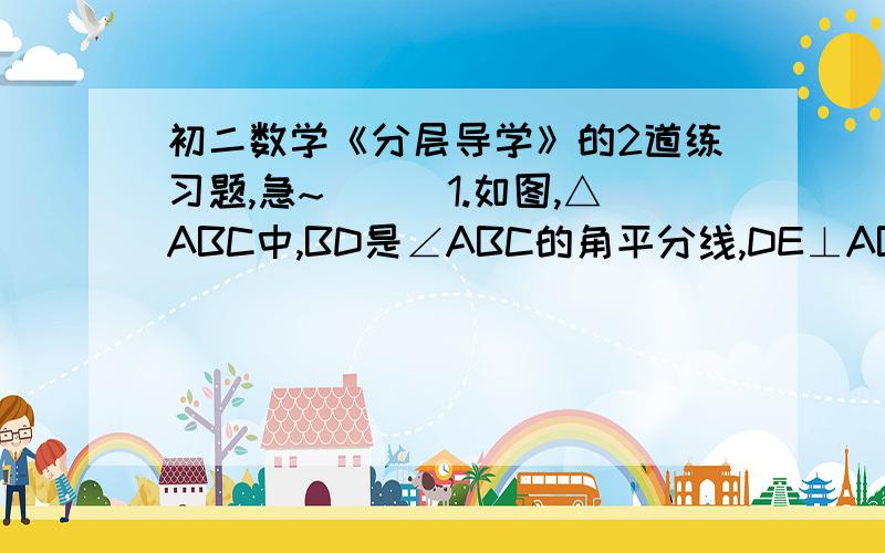 初二数学《分层导学》的2道练习题,急~```1.如图,△ABC中,BD是∠ABC的角平分线,DE⊥AB于E,S△ABC=36 C㎡,AB=18㎝,BC=12㎝.求DE的长2.如图,BD平分∠ABC,AB=AD,点P在BD上,PM⊥AD,PN⊥AD,垂足分别是M、N.求证(1) ∠