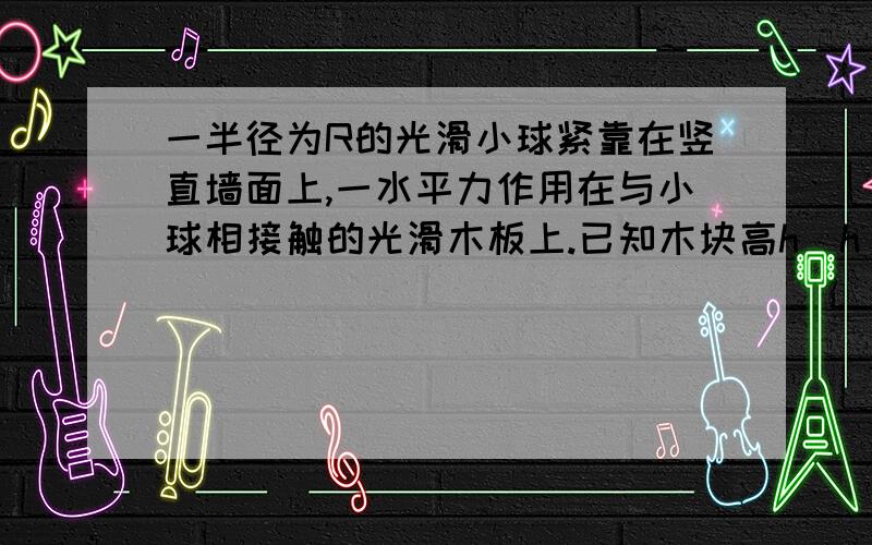 一半径为R的光滑小球紧靠在竖直墙面上,一水平力作用在与小球相接触的光滑木板上.已知木块高h（h＜R）,当水平力从0开始逐渐增大至F时,球恰好能离开地面,求：此球重力G.（画图进行受力分